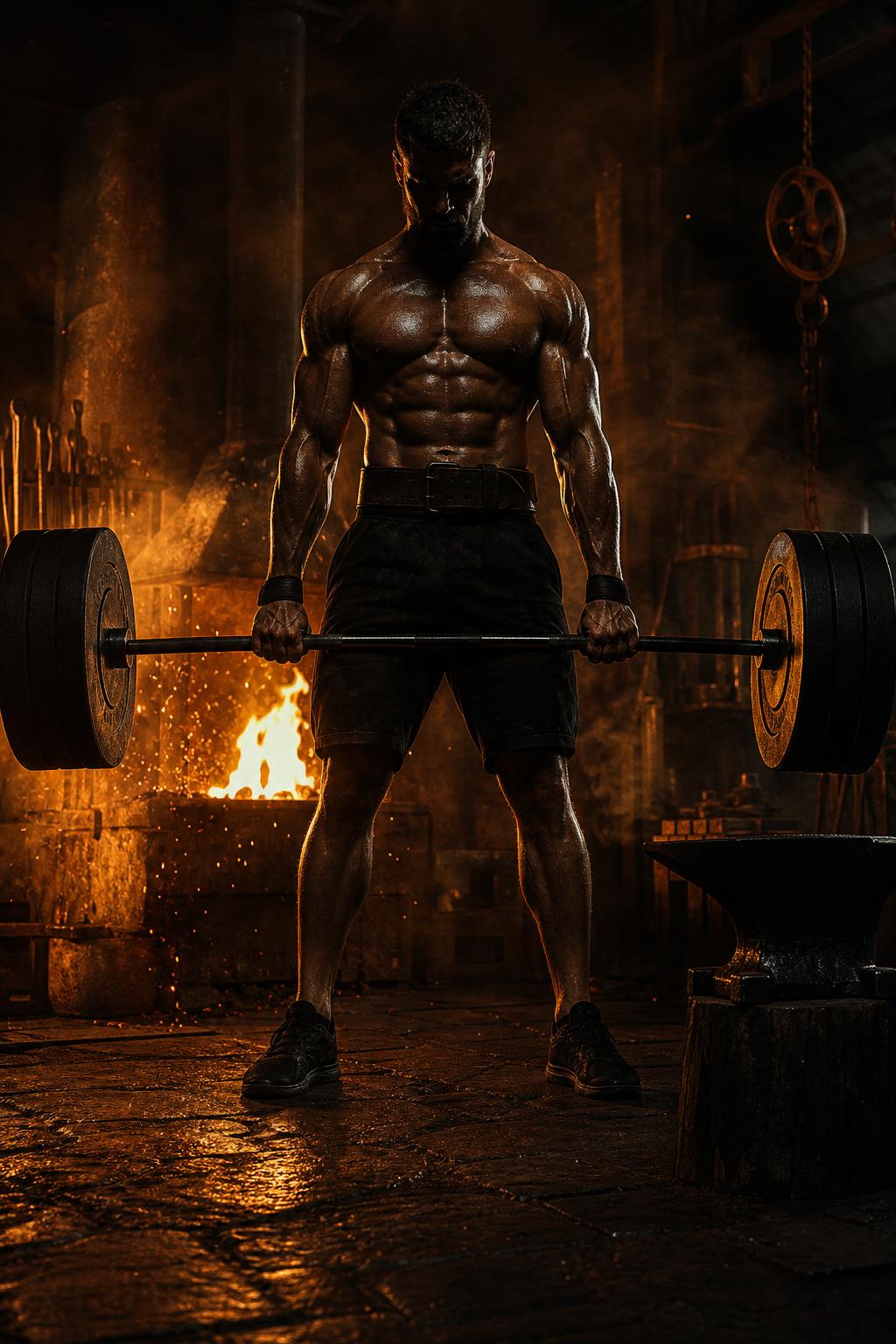 Athlete lifting in a dark forge gym